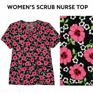 Izzy Scrub Top Womens X-Small Black Pink Flowers Mock Wrap Two Pockets V-Neck